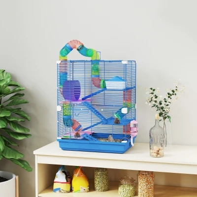 Cage pour hamster rongeur 4 étages avec tunnels mangeoire roue maison échelles 46 x 30 x 58 cm bleu