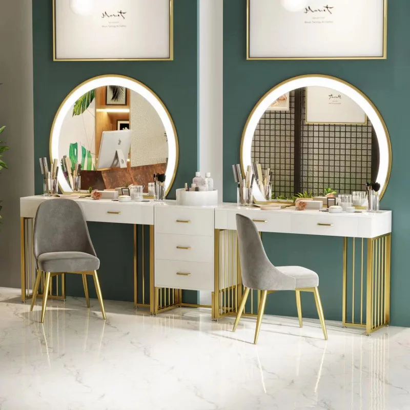 Barber Shop Luxury Nordic Metal LED Lighted Table With Mirror For Bedroom Beauty Salon And Photo Studio Mason HYn2fJbB
