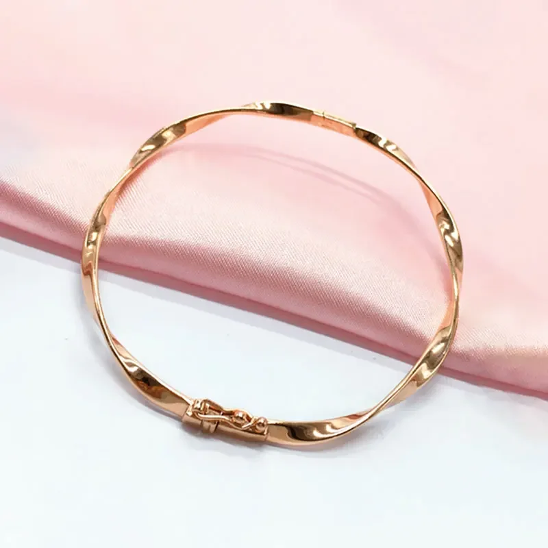 New in 585 Purple Gold Plated 14K Rose Gold Twist Smooth Bracelet for Women Simple Charm Bangles Wedding Jewelry Accessories