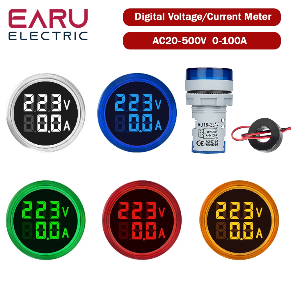 EARU 22MM Round LED Digital Voltmeter Ammeter Meter AC 20-500V 0-100A Signal Pilot Indicator Lights Voltage Current Meter Tester