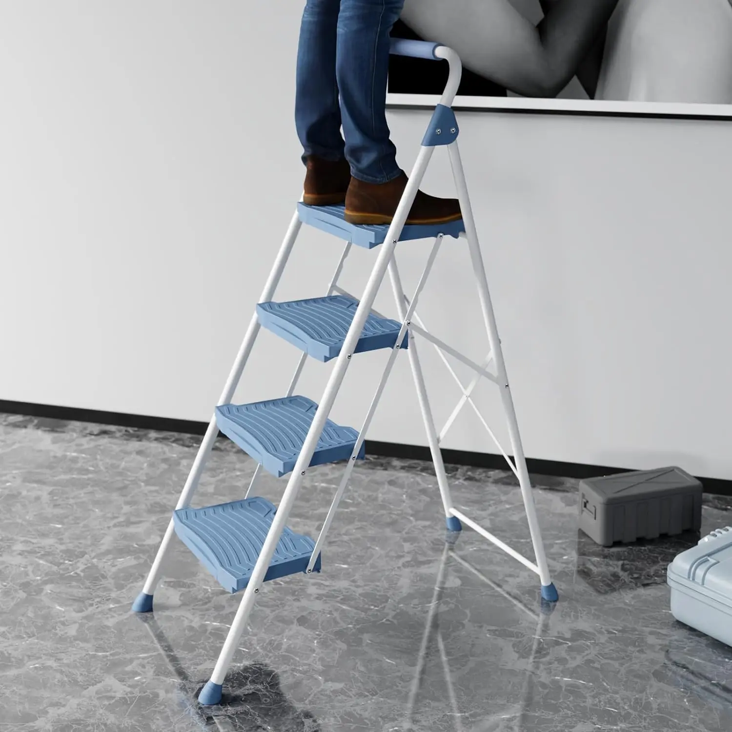 Kingrack 4 Step Ladder, Stevige Opstapkruk Met Leuning, Anti-Slip Brede Pedalen, Opvouwbare Opstapkruk Voor Huis, Garage, Tuin,