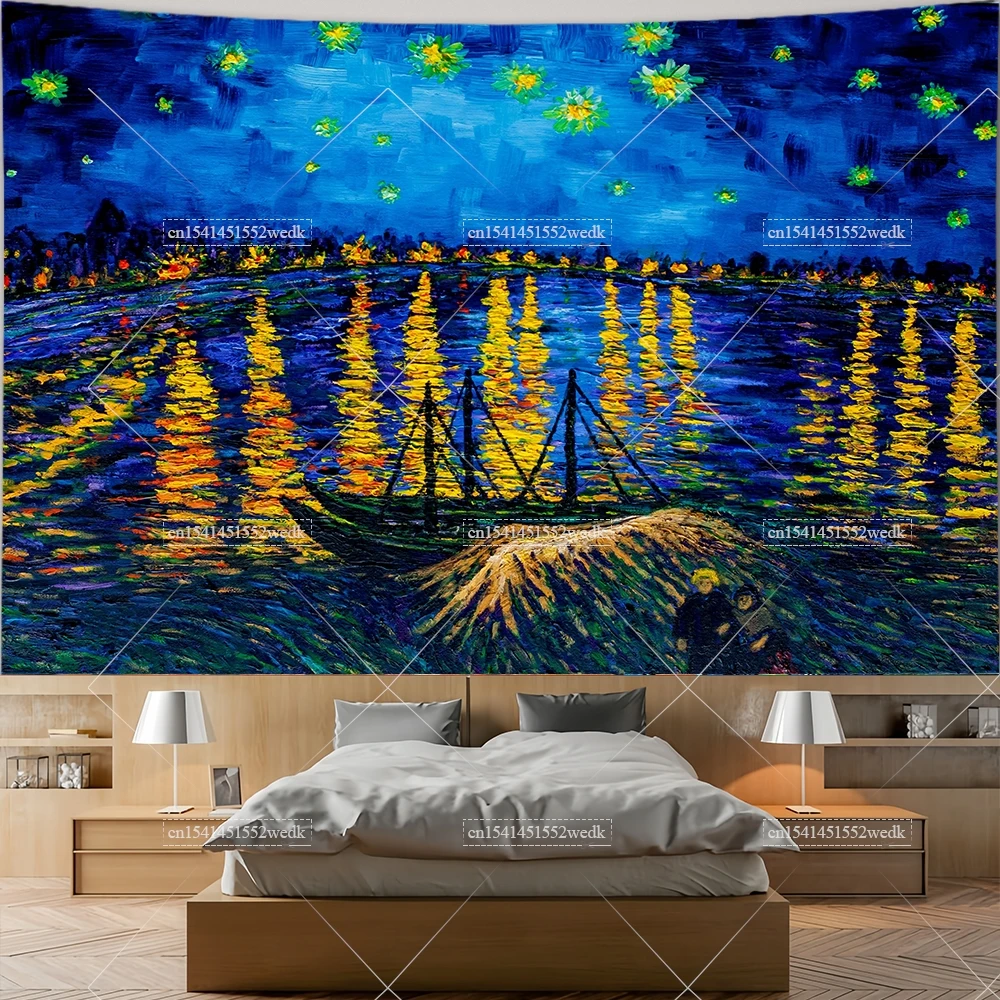 Vincent Van Gogh Starry Night Painting Tapestry Mountains River Landscape Tapestry Aesthetic Room Decor Posters Wall Tapestries