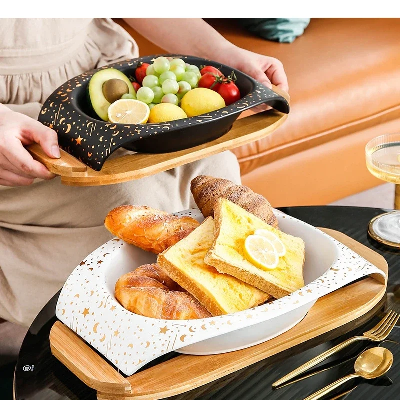 Nordic Ceramic Plate with Wooden Frame Hotel Restaurant Featured Cooking Dishes Family Dinner Desserts Steak Tableware