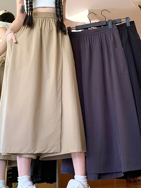 Women's Loose Mid-Length A-Line Skirt Fake Two-Piece Pear Shape Slimming plus Size High Waist Polyester Fiber Blend