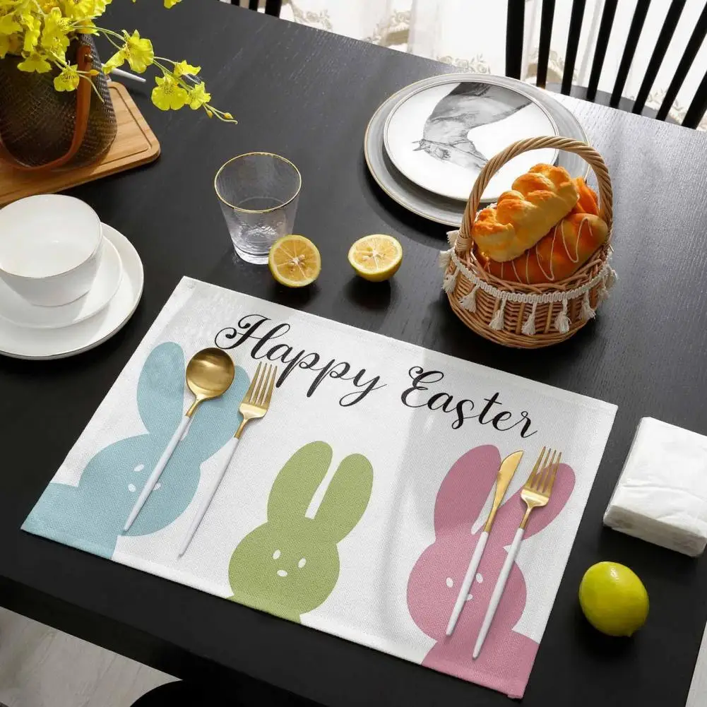 6Pcs 2023 Easter Bunny Eggs Flowers Table Runner Rectangle Household Placemat Easter Rabbit Pattern Linen Table Mat