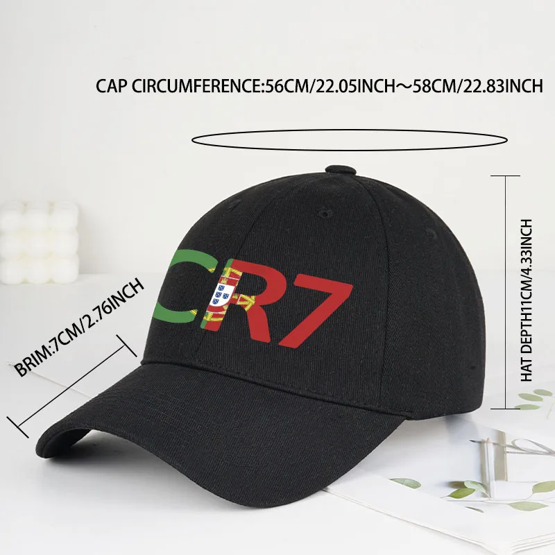 CR7 Portugal Print Black Baseball Cap Adjustable Unisex Football Player Casual Sun Hat