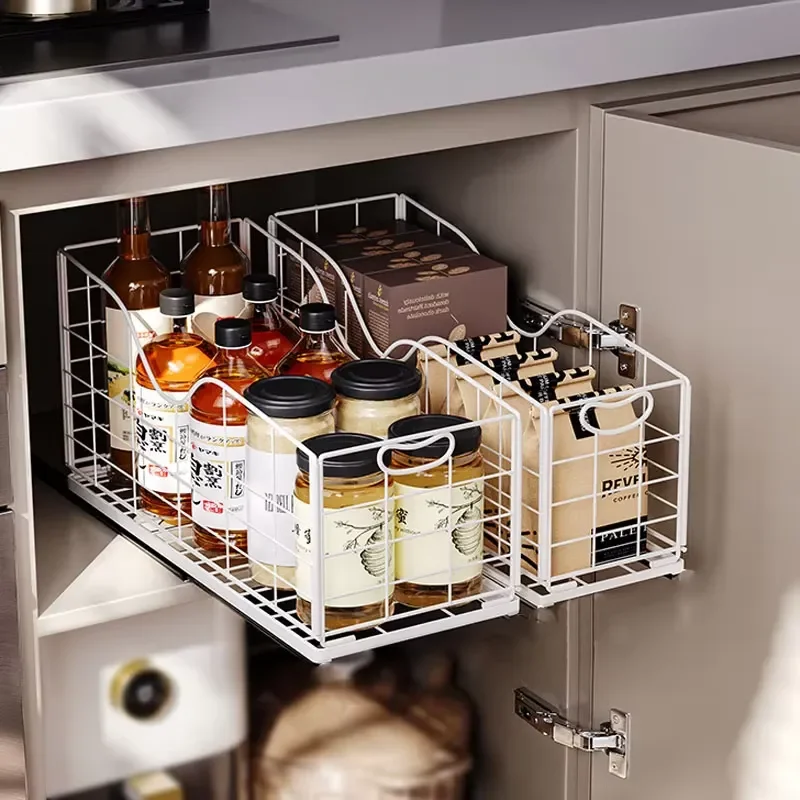 Home Standing Cabinet Metal Sliding Basket Kitchen Bathroom Storage Drawer Sink Organizer Shelves Easy Adhesive Installation