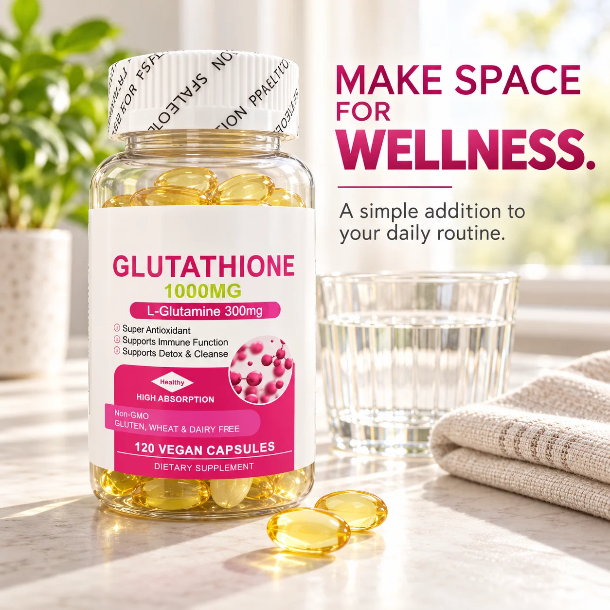 Glutathione 1000mg 120 Capsules with L-Glutamine 300mg Milk Thistle Vitamins C and D3 Daily Dietary Supplement for Men and Women