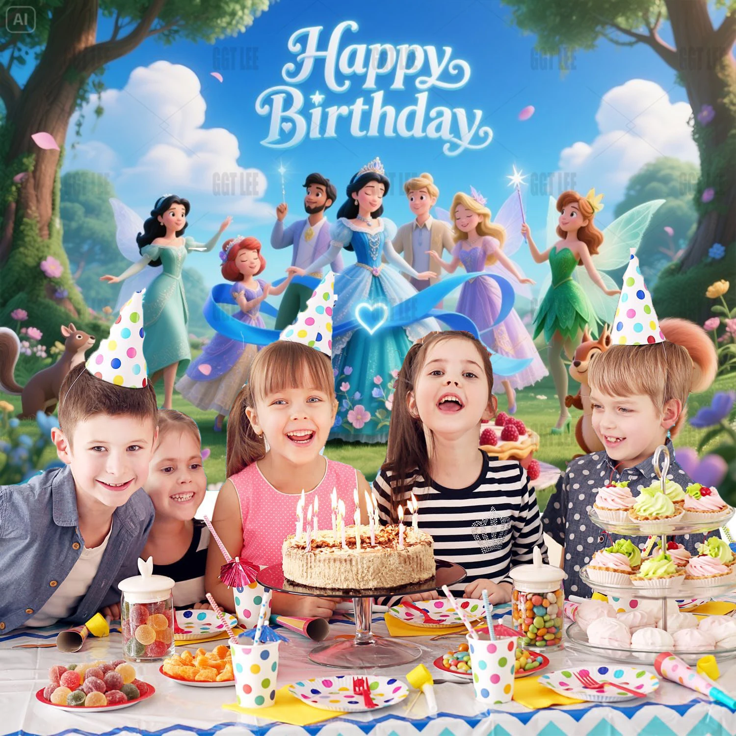 Disney Magic Kitchen ฉากหลัง - Tiana Okra Naveen กบ Louis สับตกแต่ง Happy วันเกิดการถ่ายภาพพื้นหลังที่กําหนดเอง