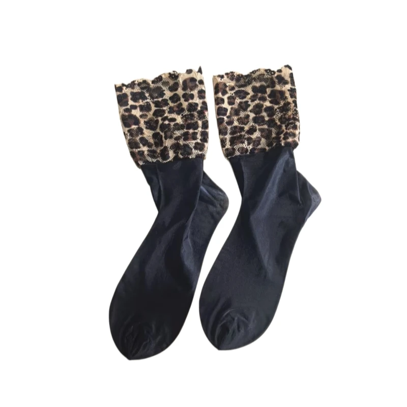 Contrast Color Leopard Hollow Mesh Patchwork Ankle Socks Men Women 3D Oil Shiny Silky Transparent Short Socks For Summer