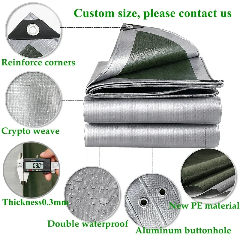 Tarp 2m*2 2*3 3*3 3×4m Waterproof Green Silver Rain Cover Uv Block Tarpaulin Awning Canopy Cover awningSummer Backyard Garden