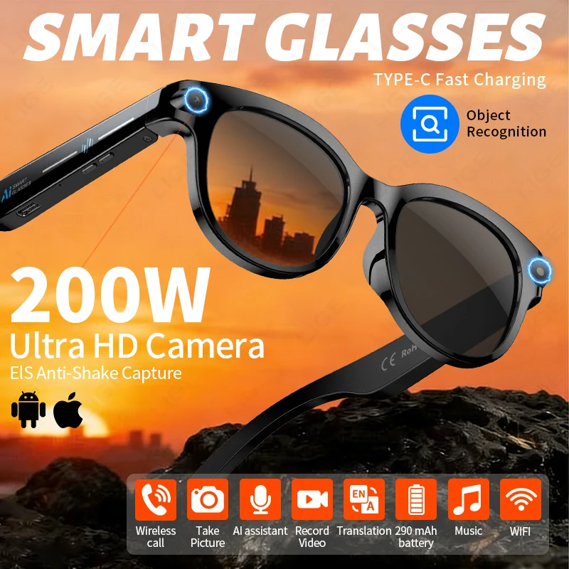 LIGE AI HD Smart Glasses 2MP Camera AI Photo Recognition Bluetooth Call Chat Voice Assistant Control 290mAh Smart Sunglasses New
