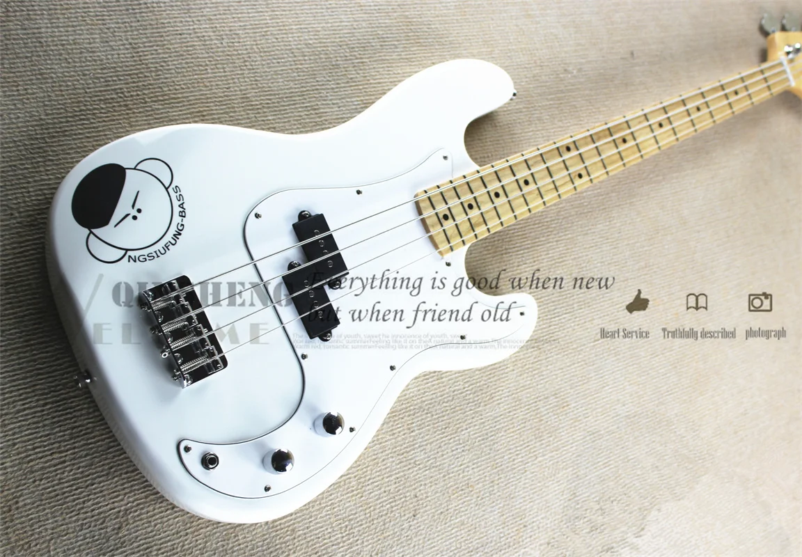 

White bass 4 Strings Guitar Bass Basswood Body white pickguard maple neck chrome tuners fixed bridge