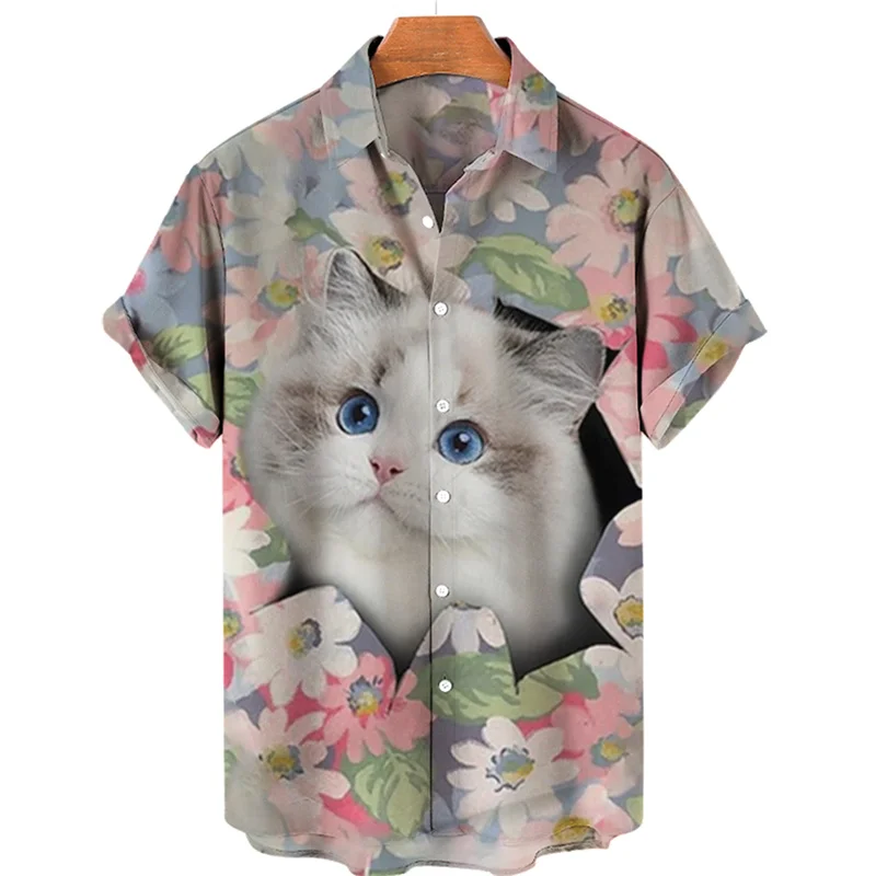 Chemise hawaïenne à manches courtes pour hommes, impression à chaud, illustration de chat 3D, florale respirée, dessin animé Dazn, vêtements originaux, mode Y