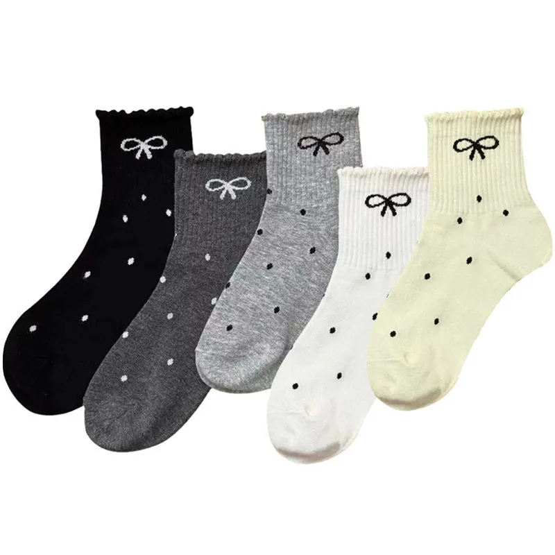5 Paar Mädchensocken mit niedlicher Schleife, gepunktetem Muster, Blume, bequeme, atmungsaktive Kindersocken