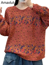 Amax luluE Printed Winter Women Jumpers Fashion Luxury Vintage Casual Sweaters Harajuku Classic Loose O Neck Oversized Pullover