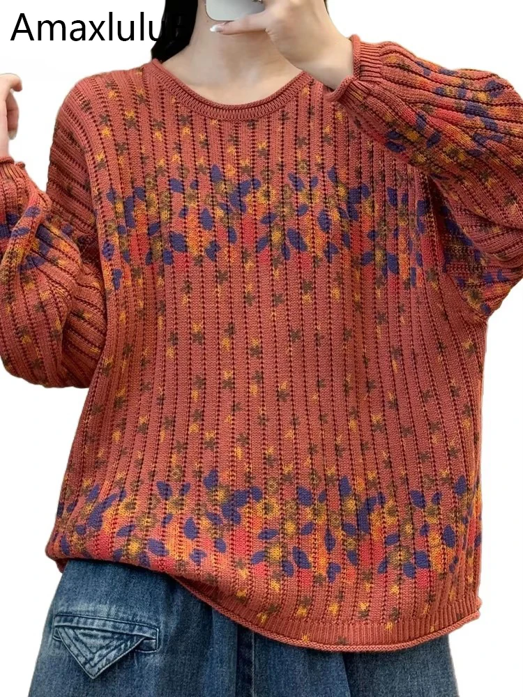 Amax luluE Printed Winter Women Jumpers Fashion Luxury Vintage Casual Sweaters Harajuku Classic Loose O Neck Oversized Pullover