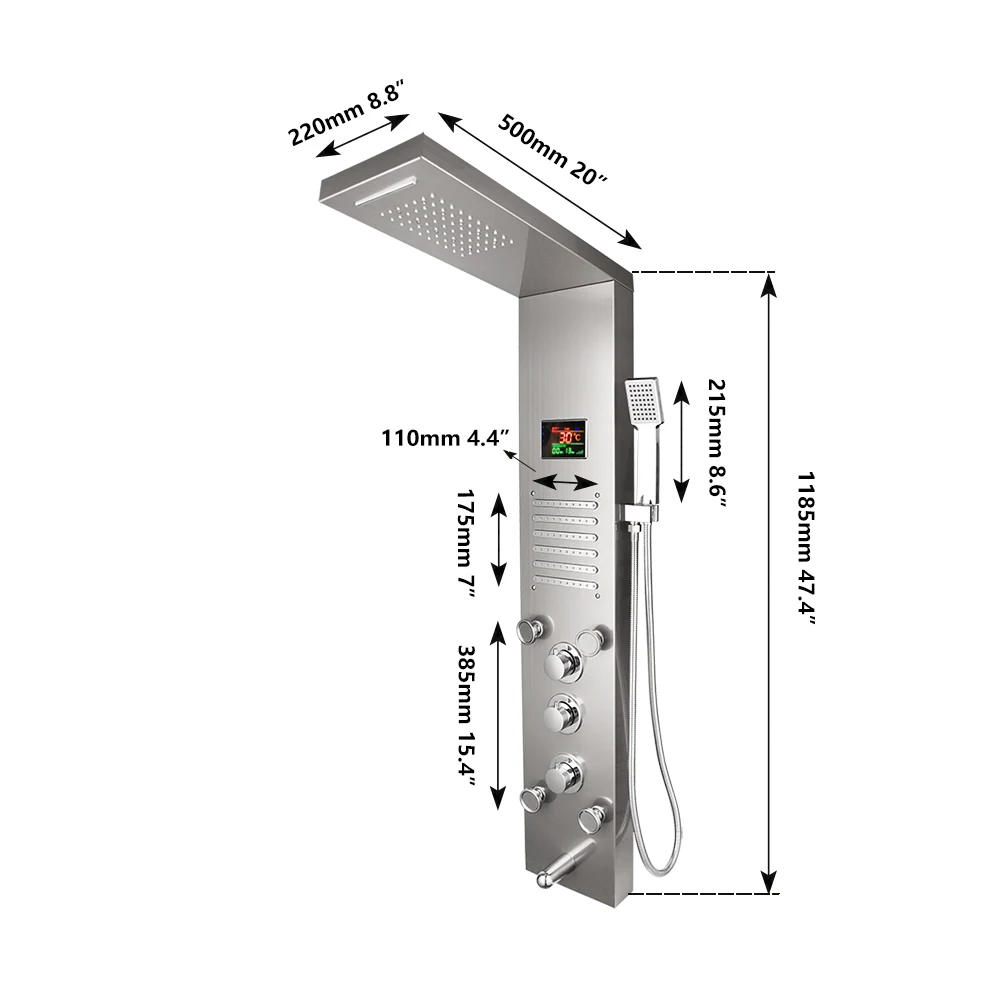 OUBONI Nickel Brushed Dark Grey Digital Display Shower Panel Column LED Rain Waterfall Shower Spa Jets Bath Shower Mixer Faucet