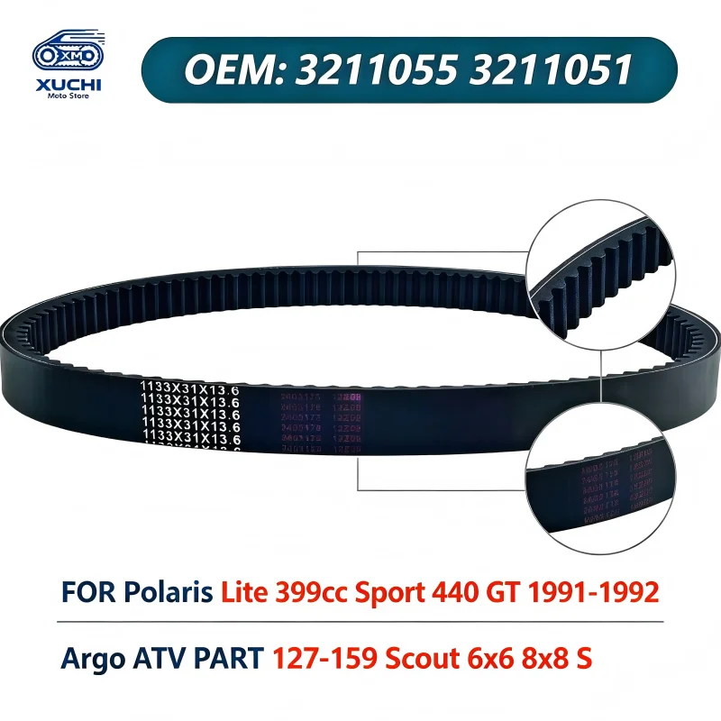 For Polaris Lite 399cc Sport 440 GT 1991‑1992 Argo ATV Scout 6x6 8x8 S Rubber Toothed Drive Belt OEM 3211055 3211051 127‑159 ATV