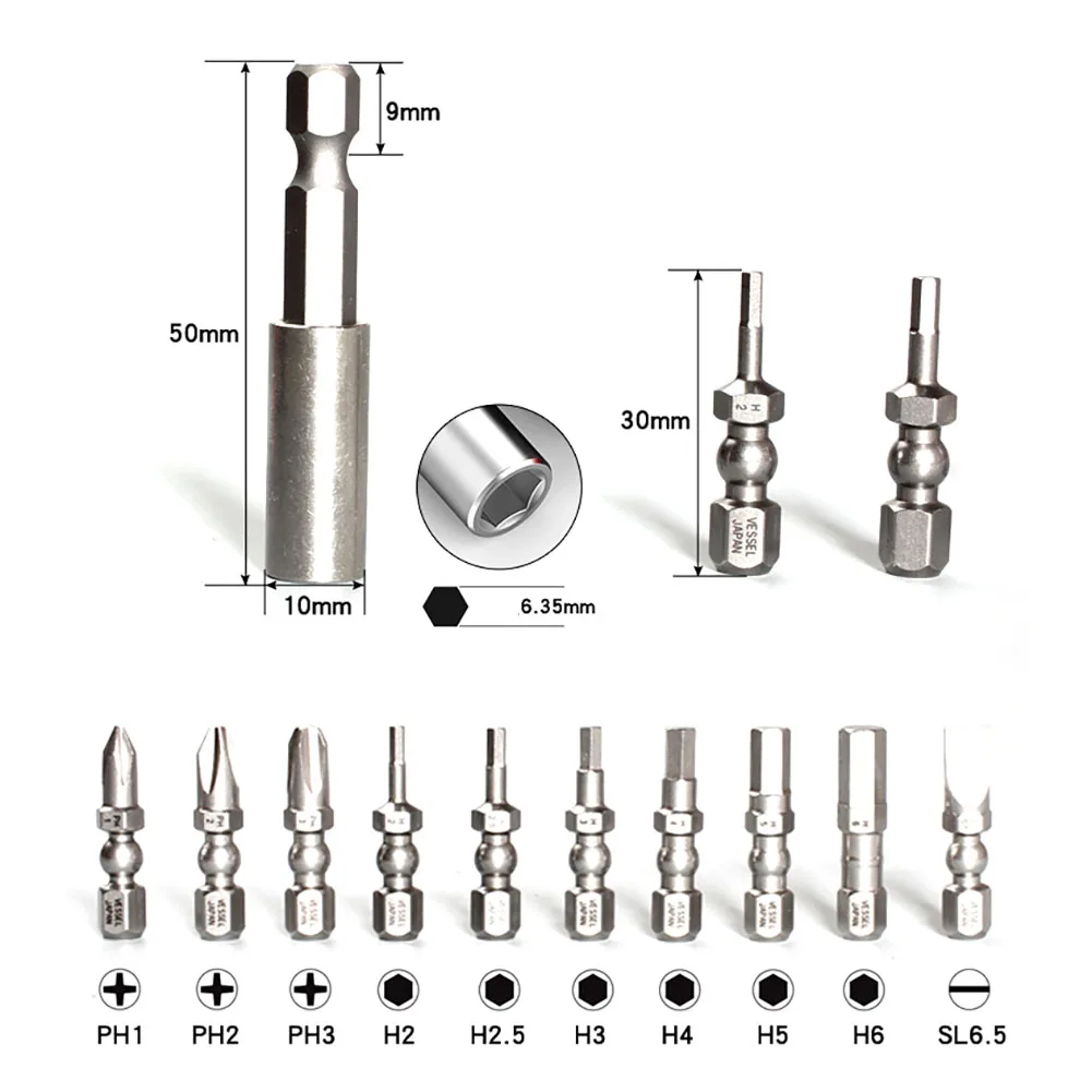 Japan Vessel Impact Ball Torsion Screwdriver Bits Set with Holder Connector in Slide Case