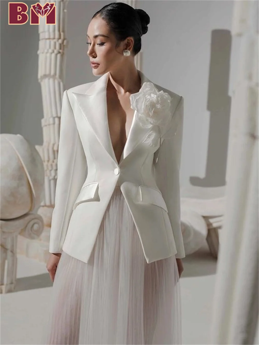 BRLMALL-ensemble chic blanc pour femmes, ensemble classique à fleurs 3D, veste, robe personnalisée, pour dame de bureau, mariage, 2025