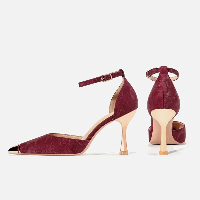 

Burgundy One-Strap High Heels for Women, Hollow French Design, Niche Style, Elegant Thin Heel Pumps