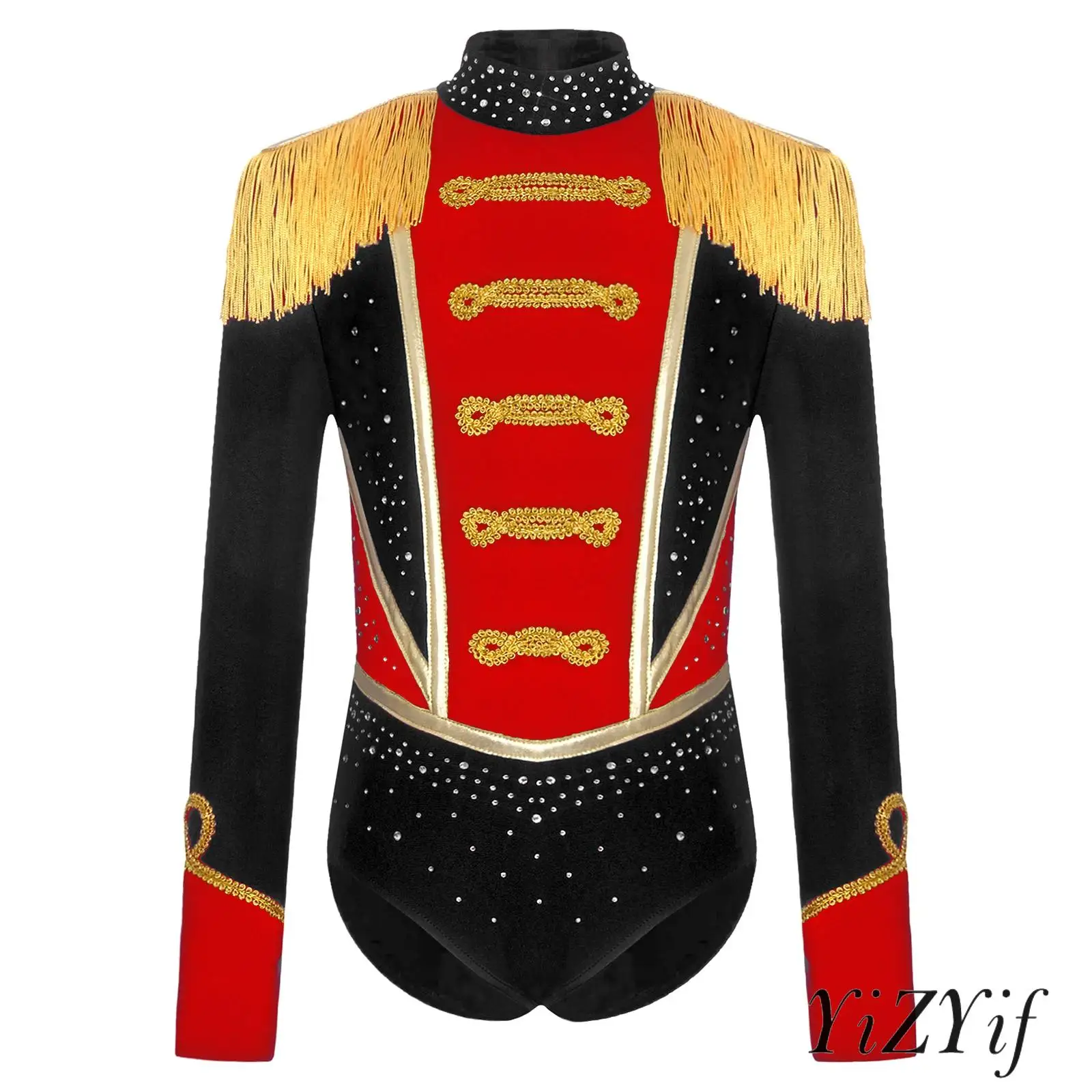 

Kids Girls Circus-Themed Costumes Bodysuit Shiny Rhinestones Long Sleeve Fringed Epaulets Contrast Color Leotard Fancy Dress Up