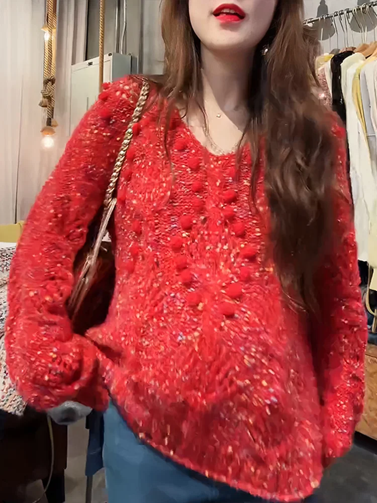 

Женский красный свитер с пайетками V-Ne Thiened, осень-зима, свободный повседневный вязаный топ средней длины, модный ленивый слей