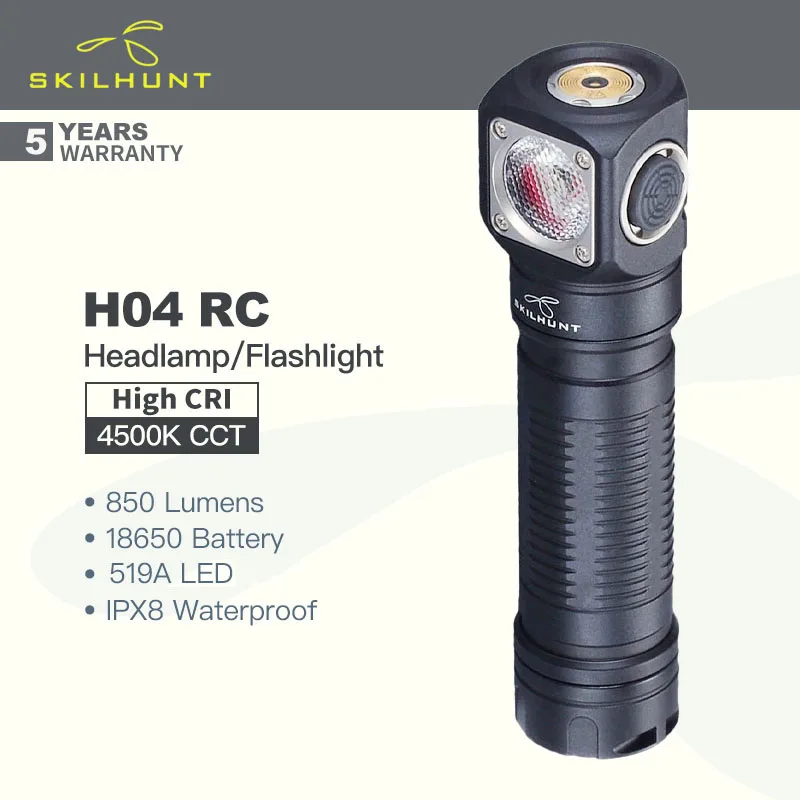 

Skilhunt H04 RC (High CRI Version) 2 In 1 Flashlight/Headlamp with 18650 Battery, 850 Lumens, TIR Optics, Flood Beam, EDC