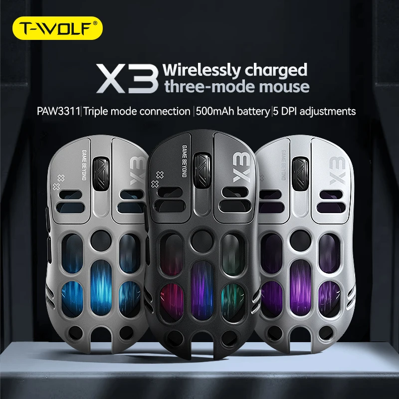 

T-WOLF X3 Game Wireless Mouse Three Mode RGB light-emitting Electronic Contest Mechanical Mouse PAW3311 Sensor Major