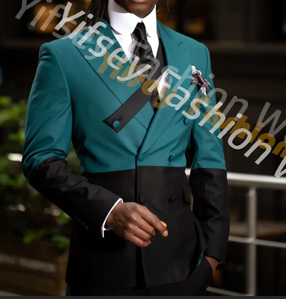 Luxury Men's Black Blue Patchwork Suit Blazer Trousers Costume Homme 2pcs Jacket Pants Full Male Sets Wedding Clothing Outfit