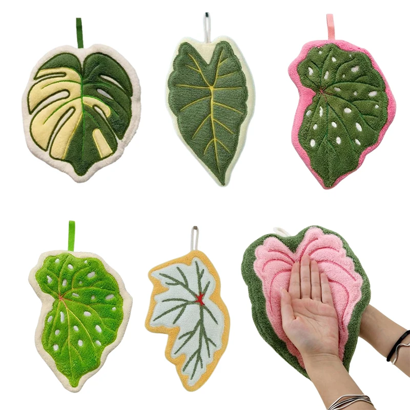 1Pcs Leaf Wipe Hand Towel Hanging Coral Fluff Handkerchief Kitchen Cleaning Rag Soft Absorbent Plant Hand Towels For Bathroom