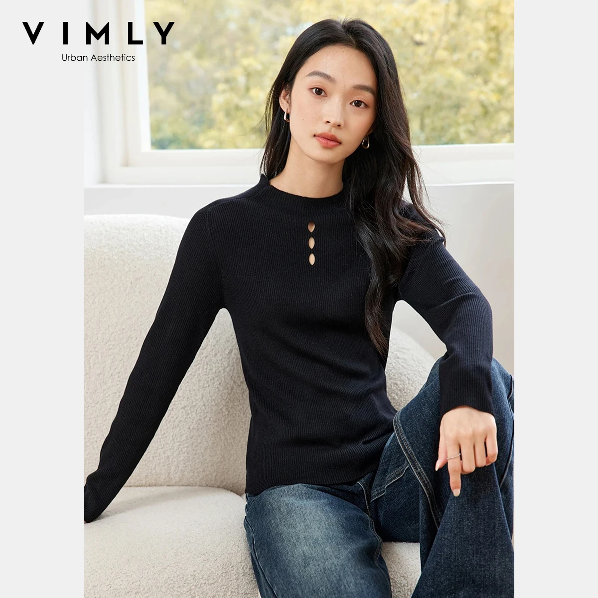 

Vimly Women's Wool Blend Pullovers 2025 Autumn Hollow Out Design Slim Fit Stretchy Sweaters Basic Soft Comfortable Jumpers 73315