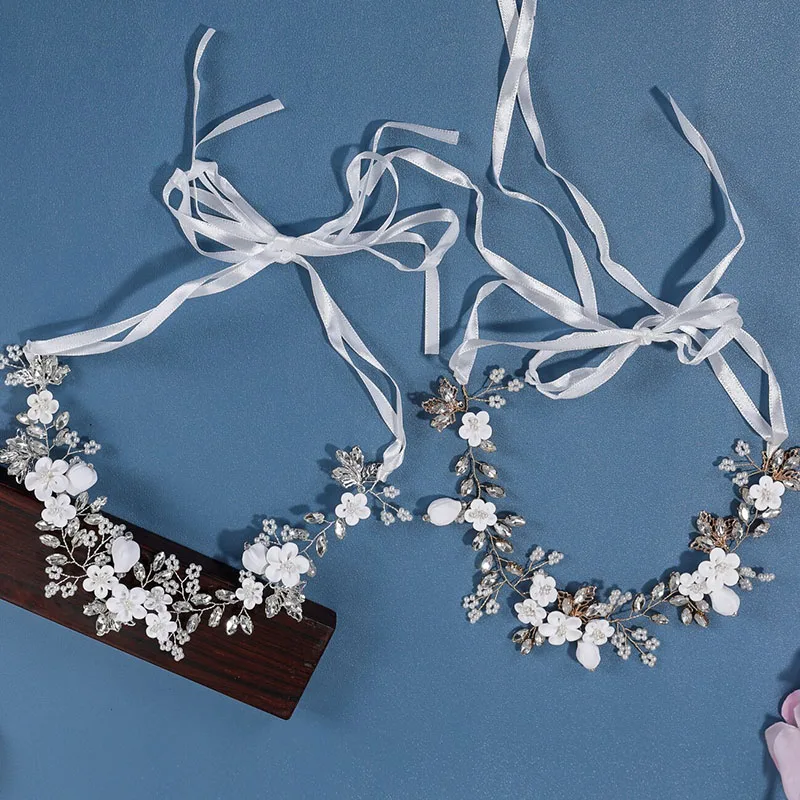 

SLBRIDAL Handmade Alloy Flower Leaf Rhinestones Ceramic Flower Bridal Headband Wedding Headdress Women Girls Hair Accessories