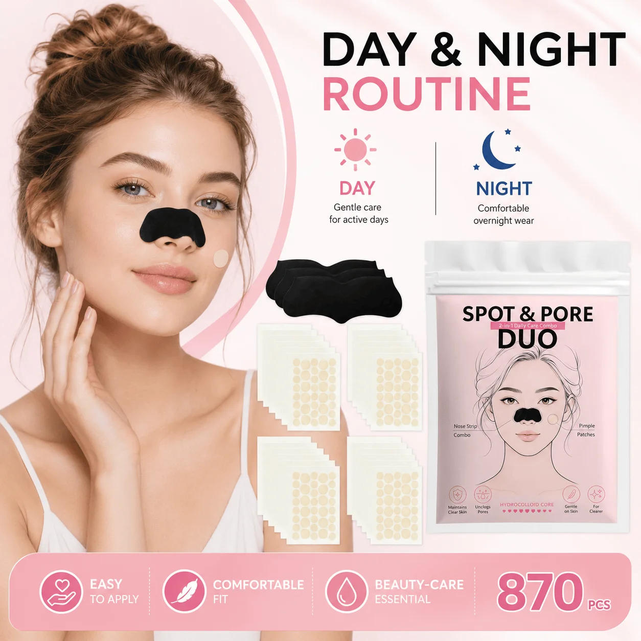 870Pcs Nose Pore Strip Face Sticker Set, Black Nose Care Patches And Round Beauty Dots, 2 In 1 Facial Care Kit