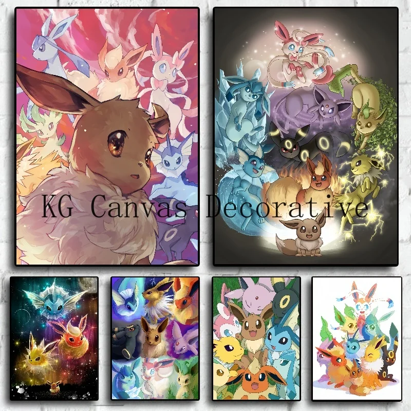 

Japanese Pokemon Anime Figures Eevee Vintage Canvas Painting Decoration Art Wall Stickers Room Painting Poster Bedroom Decor