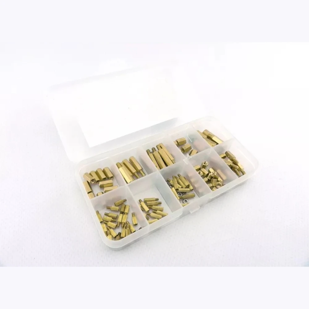145pcs Box Single-head Double-way Hexagonal Kembossed Copper Column Nuts Combined with Brass M2 M2.5 M3 M4 Pillar Copper Columns