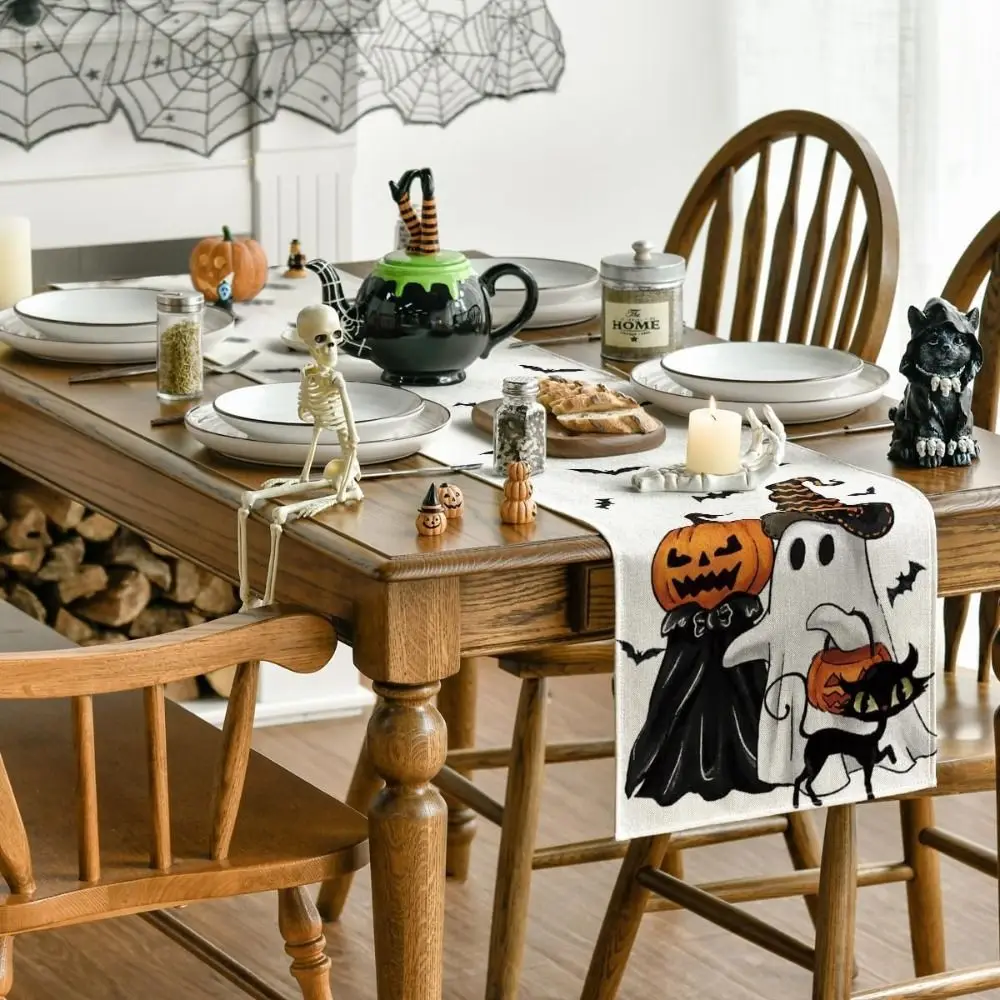 Trendy Pumpkins Black Cat Halloween Table Runner Linen Gost Pattern Table Decoration Durable Vibrant Home Party Decor