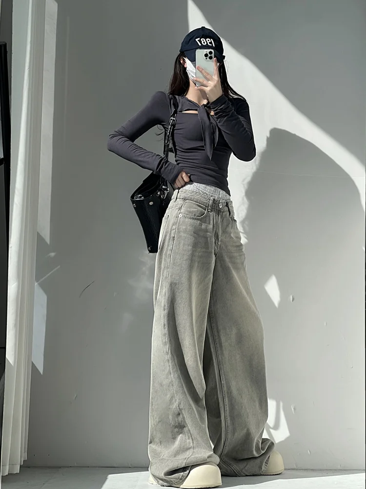 Jeans de Pierna Recta con Cintura Baja para Mujer, Plones Largos Casus de Pierna Ancha, Plones Largos hasta el Sue...