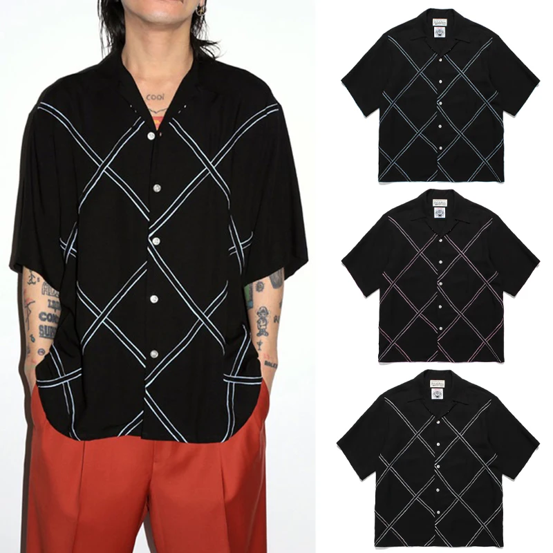 

2024ss New Lattice Pattern Printing Hawaii Shirts Men Woman 1:1 Best Quality Loose Casual Summer Tops Tee