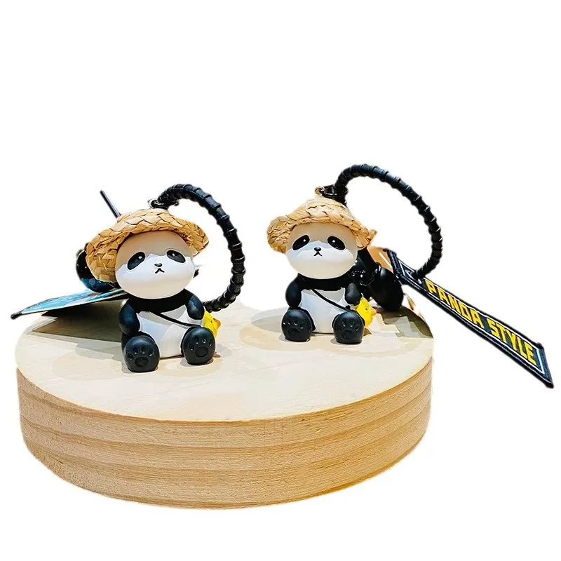 Straw Hat Little Panda Keychain Exquisite Cute Cartoon Pendant Couple Backpack Decoration Car