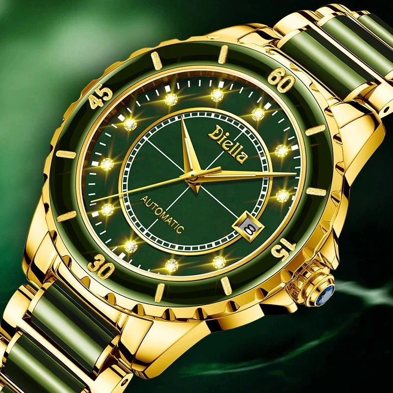 

Top Emerald Jade Automatic Men's Mechanical Watches Sapphire Spiral Luminous Hands Calendar Wristwatches Switzerland Brand Clock