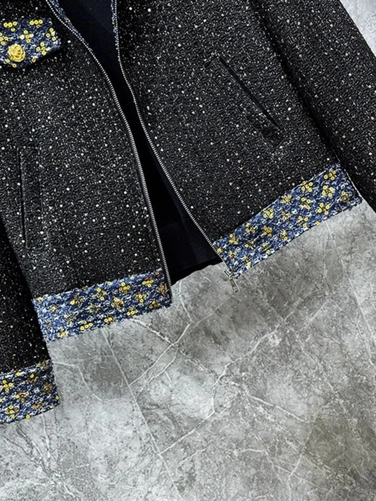 

Retro Patchwork Color Blo ort Jaet Men's Faion Spring Autumn Design Sensation Korean Version Sequin Jaet Casual Top