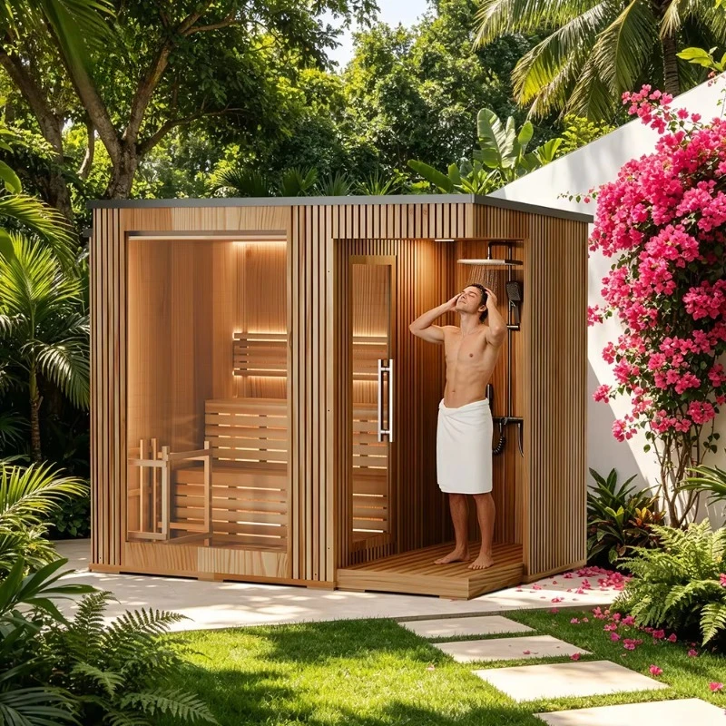 Customized Panoramic Glass 3 Person Wood Shower Sauna Combo Indoor Sauna Outdoor with Shower for Family Garden