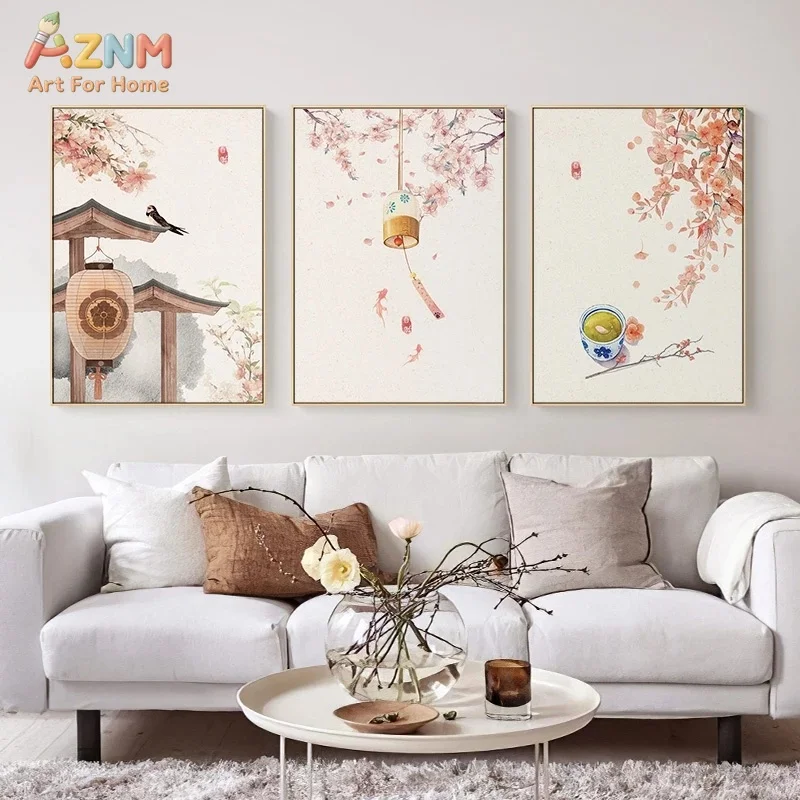 AZNM Japanese Cherry Blossom Watercolor Canvas Print Traditional Spring Wall Art Decor