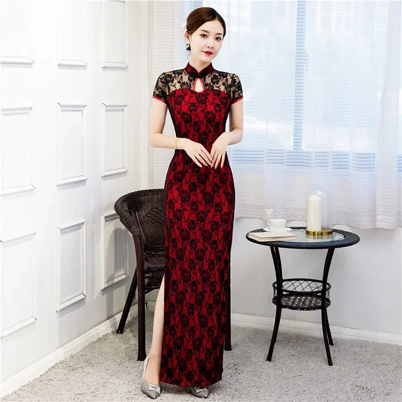 

Trational Women Cheongsam Short-sleeve Vintage Long Dress Costumes Elegant Dresses S To 5XL Black Red