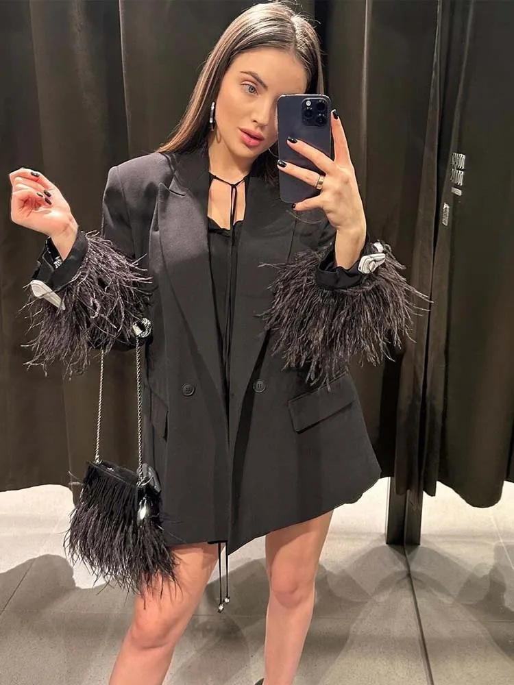 ZHUISHU Women Fashion Chic Black With Feather Blazer Jacket Elegant Notched Neck Single Button Long Sleeves Female Outfits