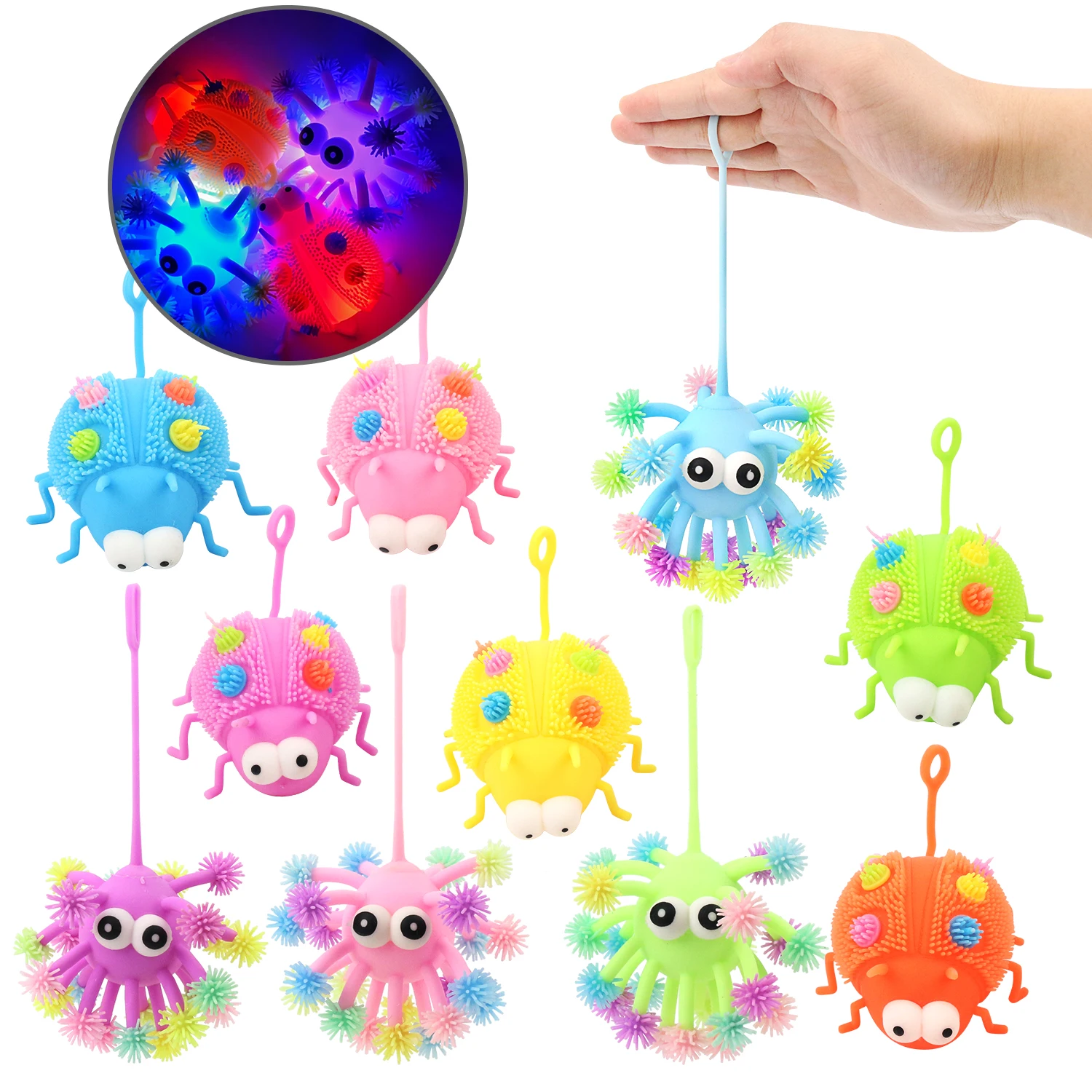 Luminous two styles creative new and unique virus+ladybug furry ball, children\'s toy elastic release ball