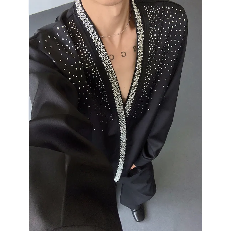 Luxury Men's Hot Stamping Diamond Studded Star Studded V-neck Shirt High Street Casual Social Shirt Party Banquet Star Shirts