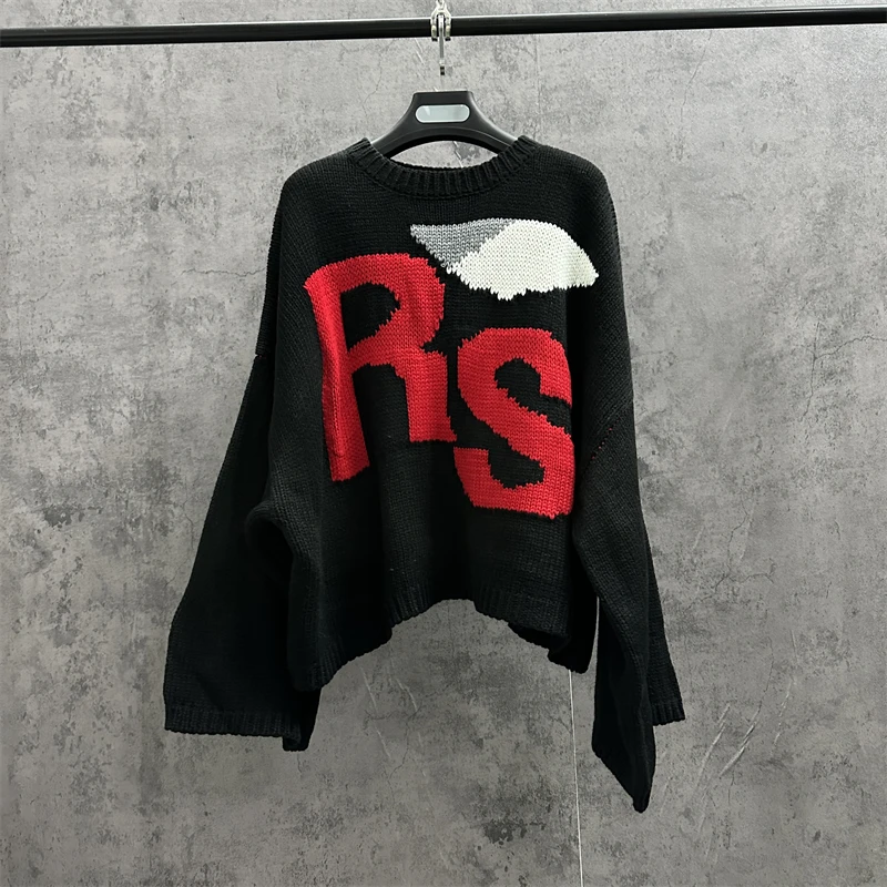 Black RAF SIMONS Sweater For Men Women Letter R Oversize Bat Shirt Knit Sweatshirts